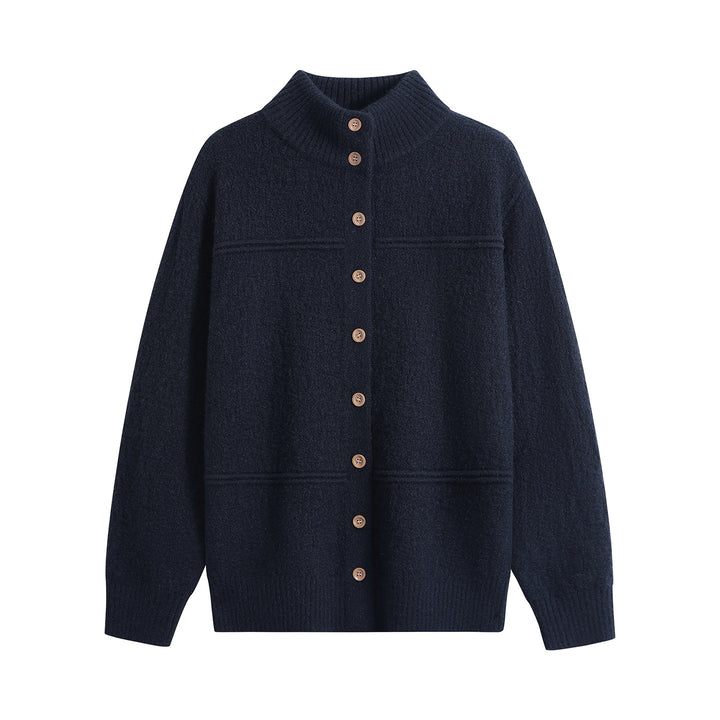 Damen Langer Oversize-Wollmix-Cardigan mit hohem Rippenkragen und Vintage-Knöpfen Echoarchiv