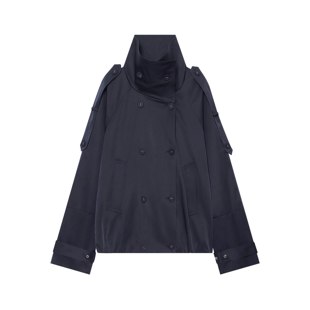 Damen doppeltreihiger Cape-Trench mit hohem Stehkragen und verstellbaren Ärmelriegeln – Célinea