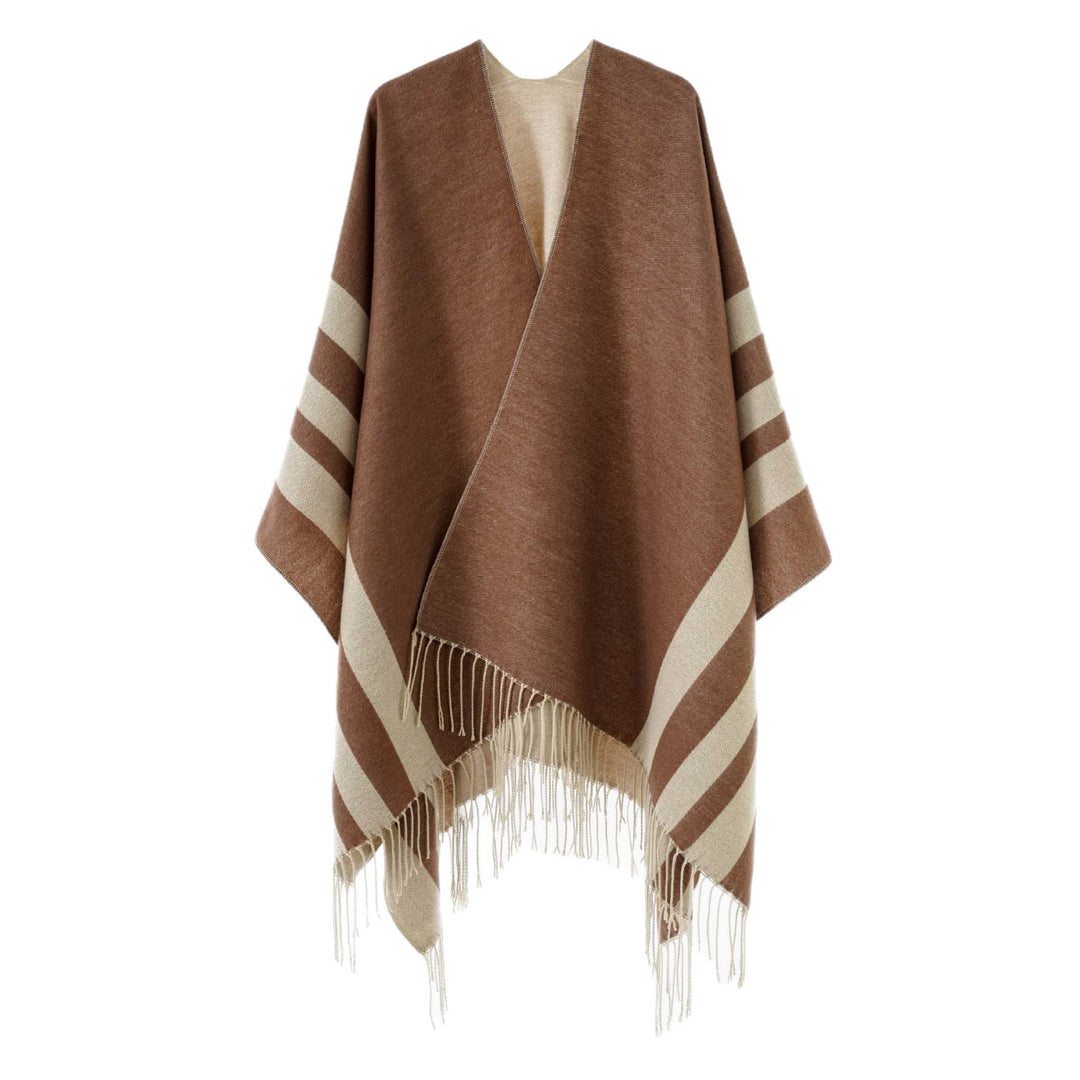 Damen Wendbarer Strickcape-Poncho mit Fransen und kontrastierenden Streifen – Avérine