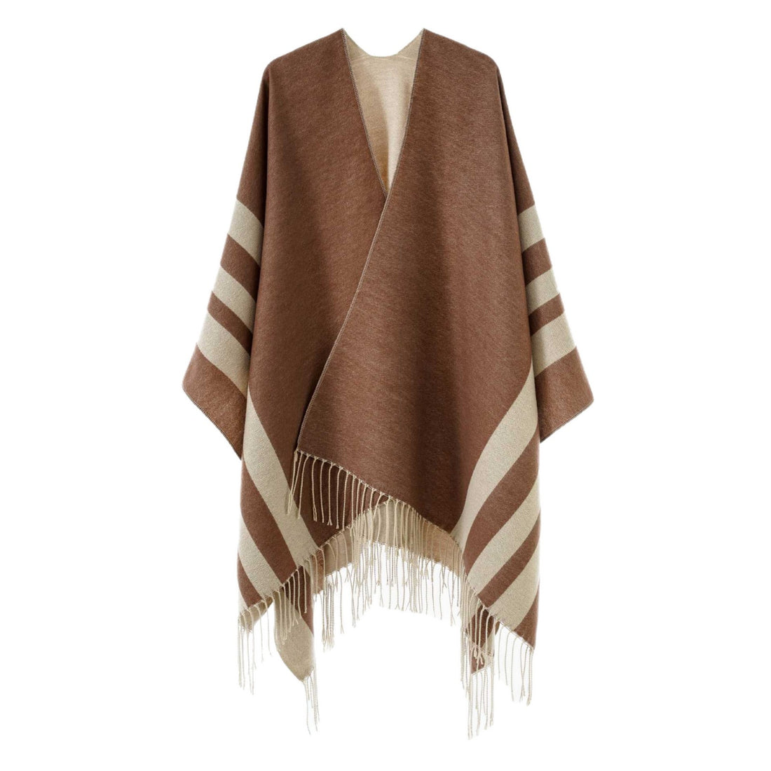 Damen Großer Wollmix Fransenponcho mit diagonalen Kontraststreifen – Célinea