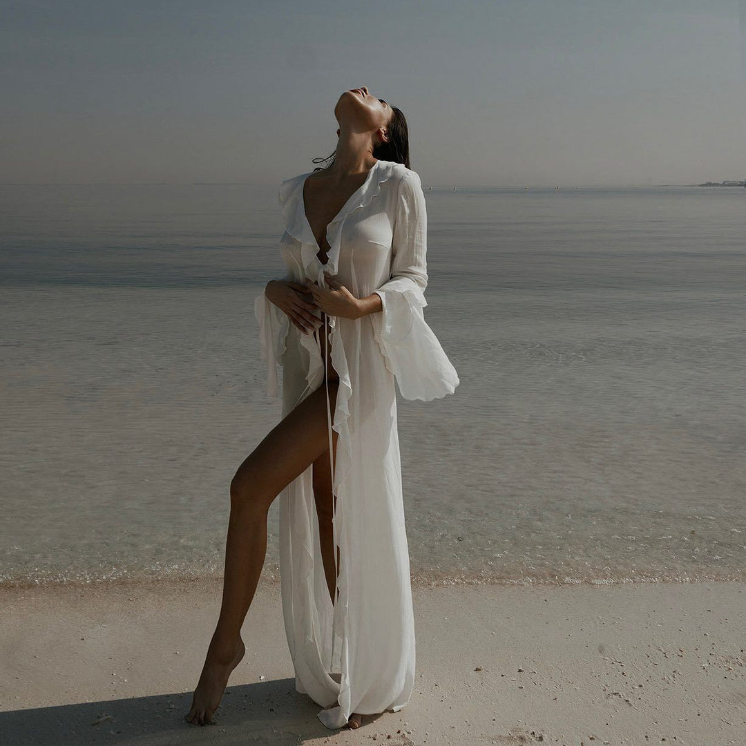 Damen elegantes Strandkleid mit Rüschen und tiefem Schlitz Echo Archiv