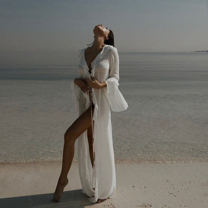 Damen elegantes Strandkleid mit Rüschen und tiefem Schlitz Echo Archiv