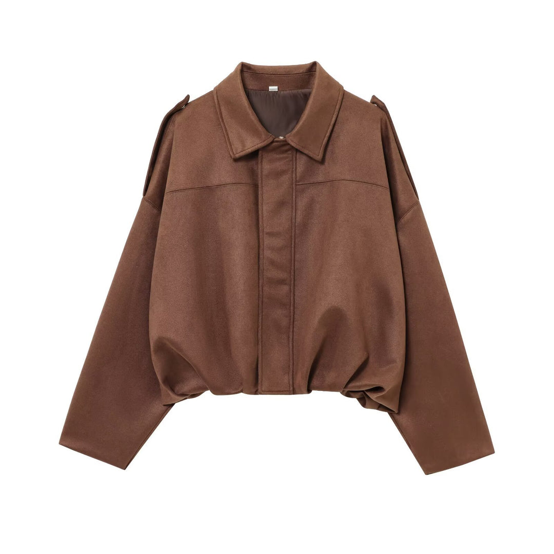 Damen Gekürzte Wildlederoptik-Blousonjacke mit Taillen-Smock und Schulterpatten Echo Archiv