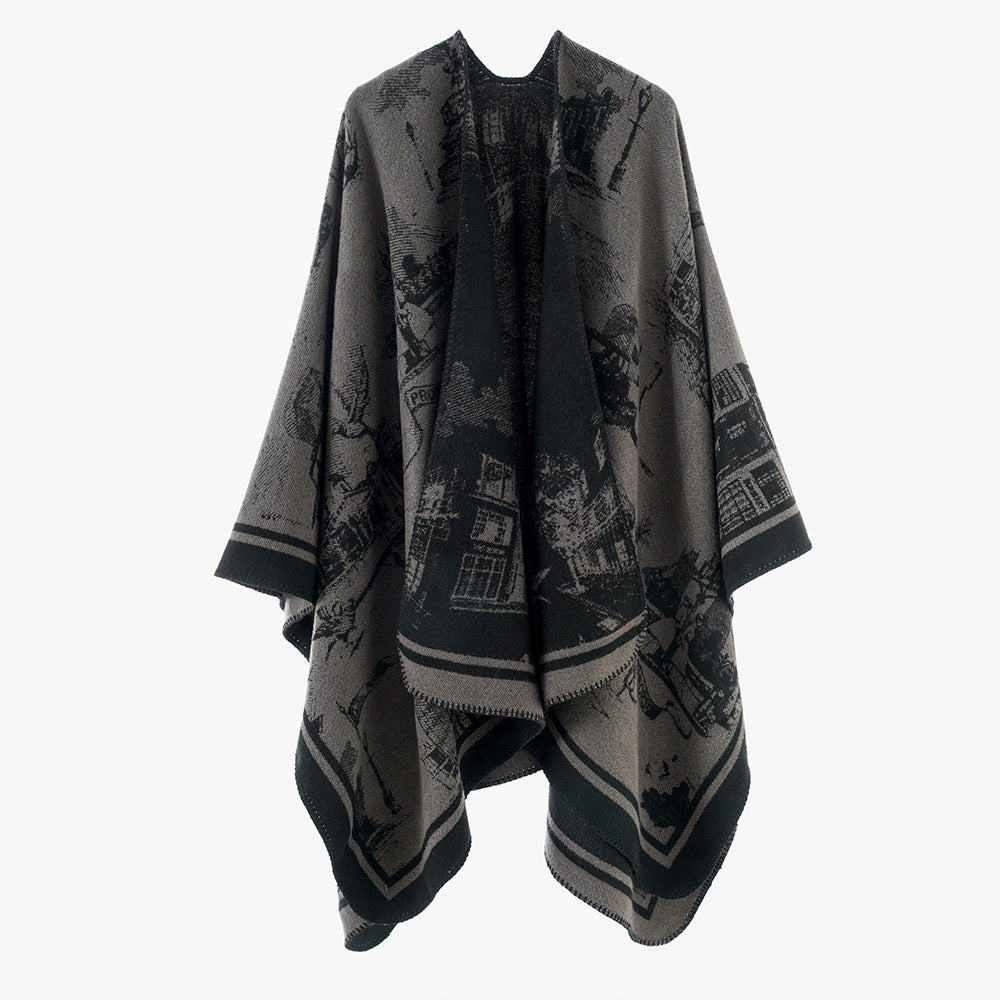Damen Jacquard‑Capeponcho mit ikonischem Städte‑Jacquard und offenem Oversize‑Fall Echo Archiv