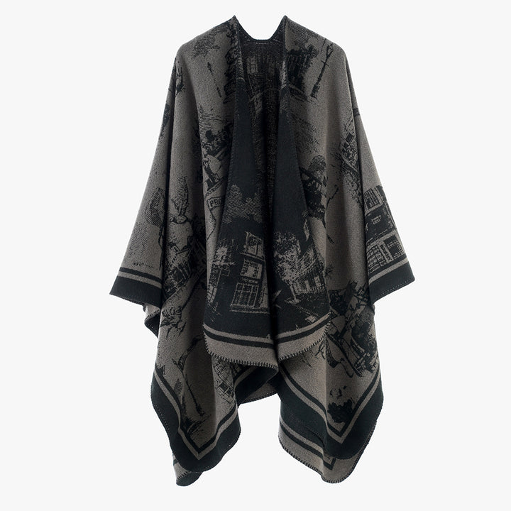 Damen Jacquard‑Capeponcho mit ikonischem Städte‑Jacquard und offenem Oversize‑Fall Echo Archiv