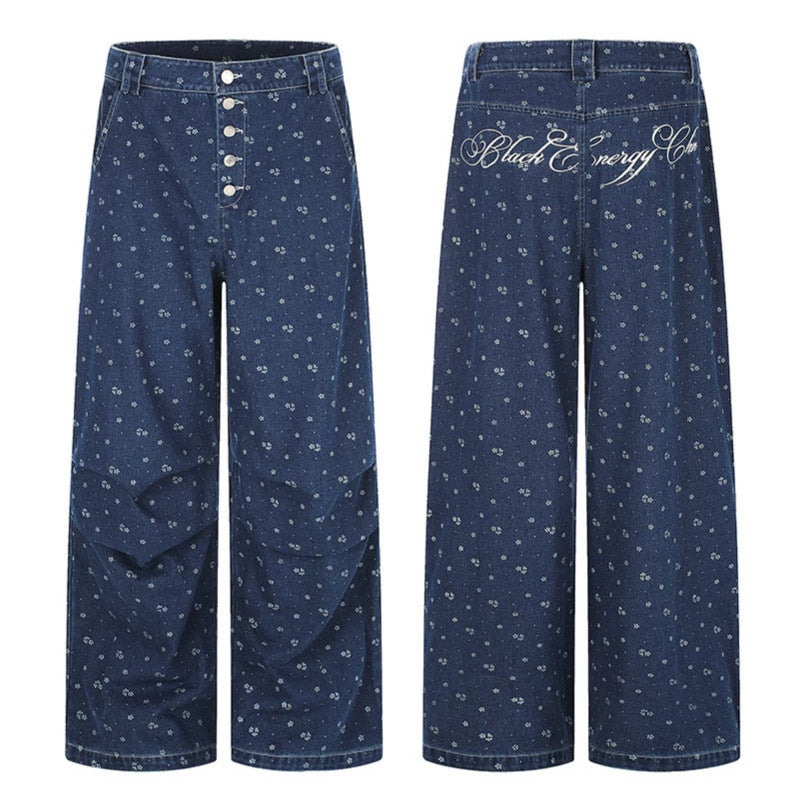 Damen High‑Waist Culotte-Jeans im Palazzoschnitt mit sichtbarer Knopfleiste und feinem Blumenprint Echoarchiv