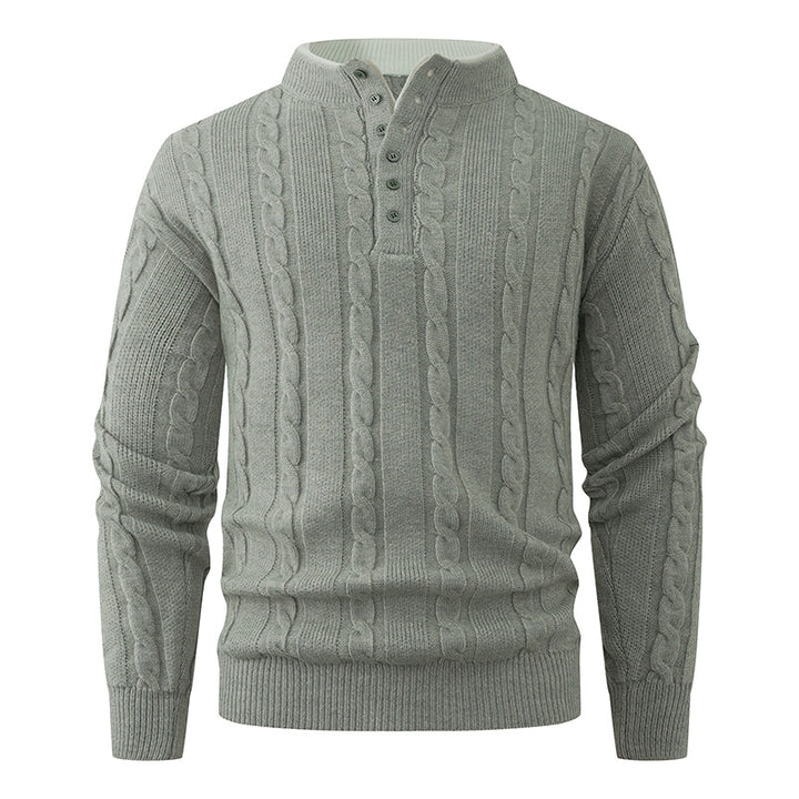Herren Strukturierter Zopfstrick-Pullover mit Knopfleiste und Stehkragen Echo Archiv