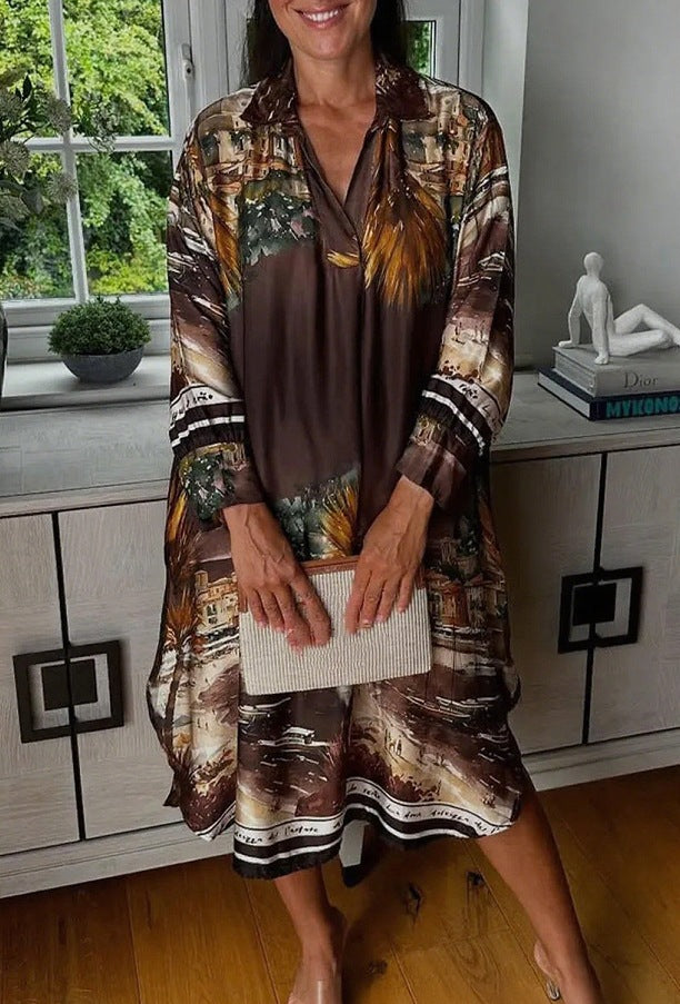 Damen nan Seidenoptik-Hemdkleid im Kaftanstil mit illustrativem Küstenprint Echo Archiv