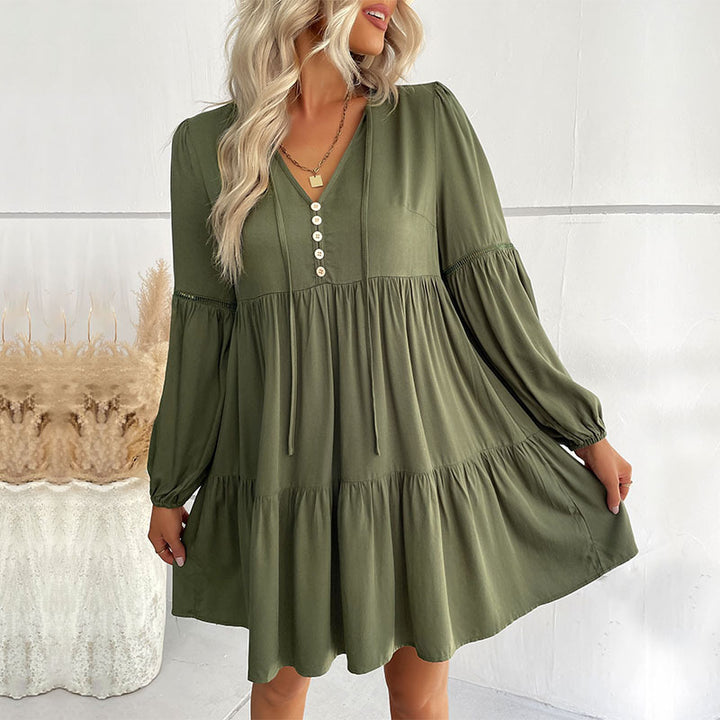 Damen Weiches Stufen-Minikleid mit V-Ausschnitt, Knopfleiste und Ballonärmeln Echoarchiv