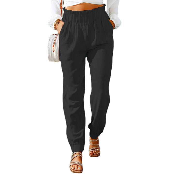Damen Hochtaillierte Leinenoptik-Joggerhose mit elastischem Rüschbund und Eingrifftaschen Echoarchiv