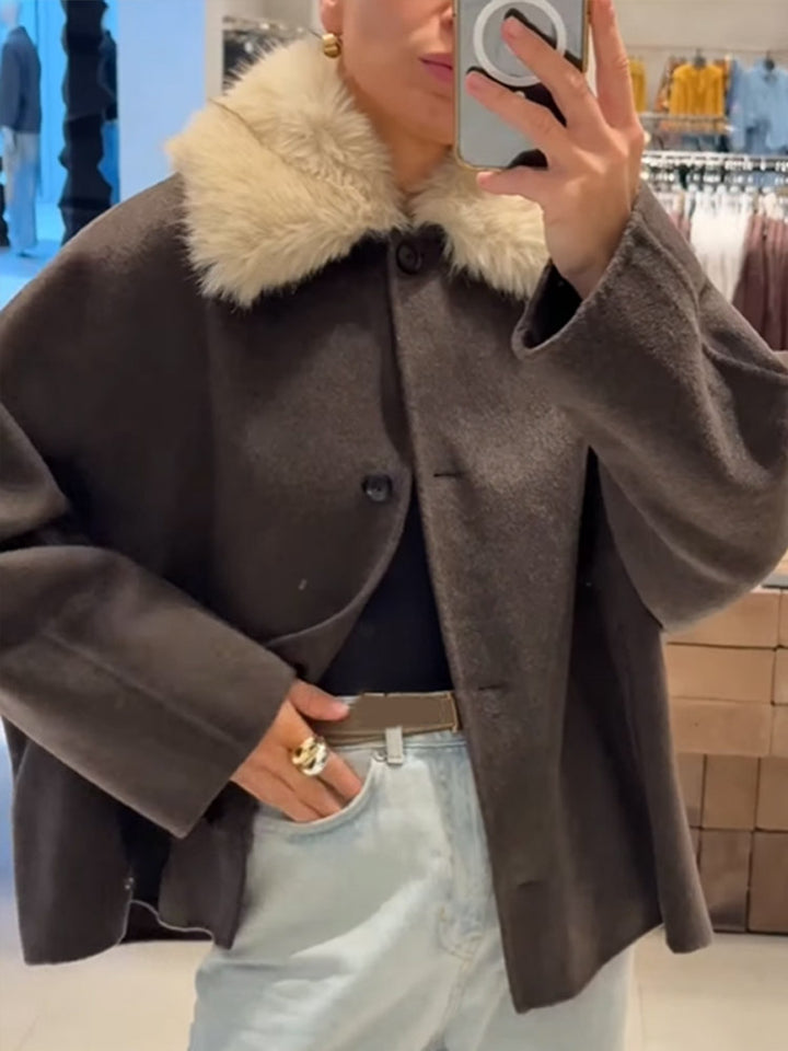 Damen Boxy-Cropped Wollmix-Jacke mit weichem Kunstpelz‑Schalkragen Echoarchiv