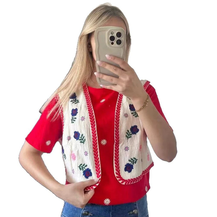 Damen Bestickte Kurz-Weste im Boho‑Chic mit floralen Applikationen Echoarchiv