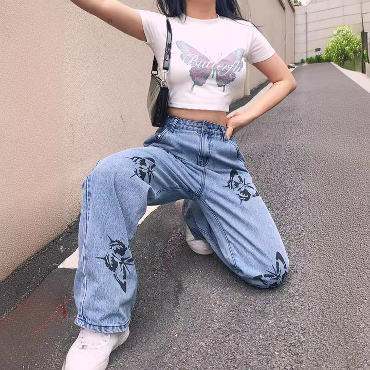 Damen nan weite High-Waist-Jeans mit Gothic-Schmetterlingsprint und entspanntem Straight-Leg Echo Archiv