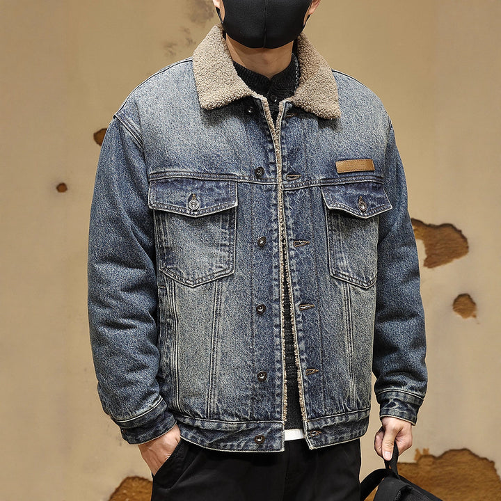 Herren Gemütliche Denimjacke mit Kunstfellkragen Echoarchiv