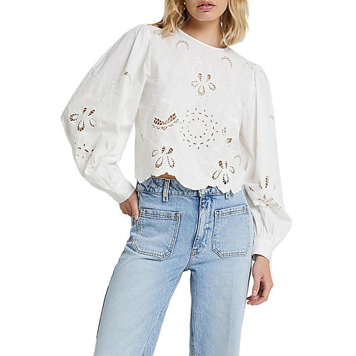 Damen Baumwollbluse mit Broderie Anglaise und Ballonärmeln – Avérine
