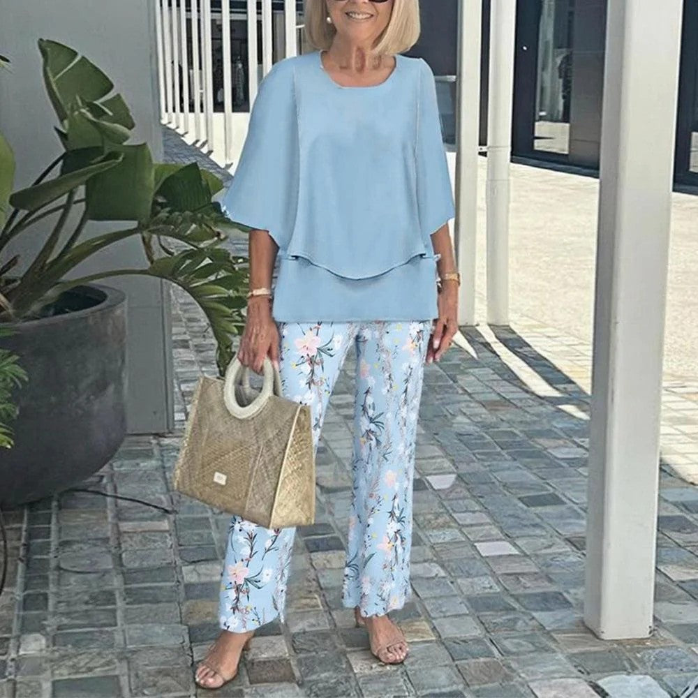Damen nan Lagen-Tunika mit Cape-Ärmeln und knöchellanger Geradebeinhose mit Grafikprint Echo Archiv