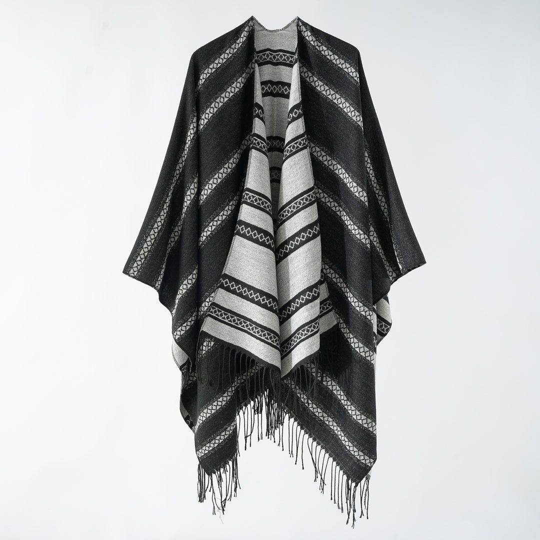 Damen Langer Webponcho im Cape-Stil mit Streifen-Jacquard und Fransen Echo Archiv
