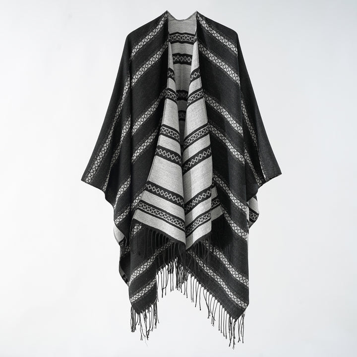 Damen Langer Webponcho im Cape-Stil mit Streifen-Jacquard und Fransen Echo Archiv