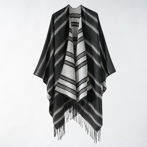 Damen Langer Webponcho im Cape-Stil mit Streifen-Jacquard und Fransen Echo Archiv