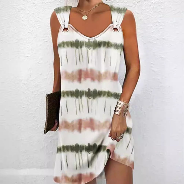 Damen nan ärmelloses V-Ausschnitt-Sommerkleid mit dekorativen Metallösen an breiten Trägern und lässiger A-Linien-Silhouette Echo Archiv