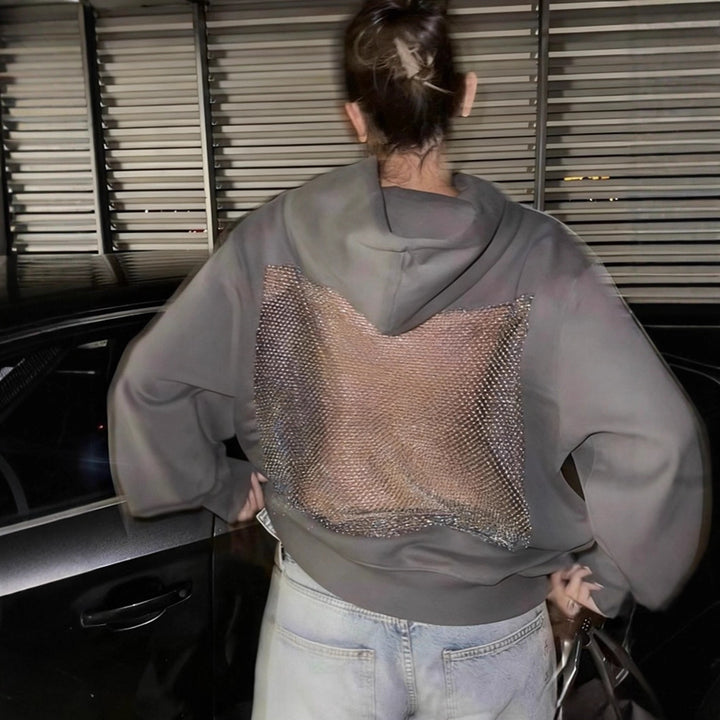 Damen Hoodie mit glitzerndem Mesh-Rückenapplikation – Auréline