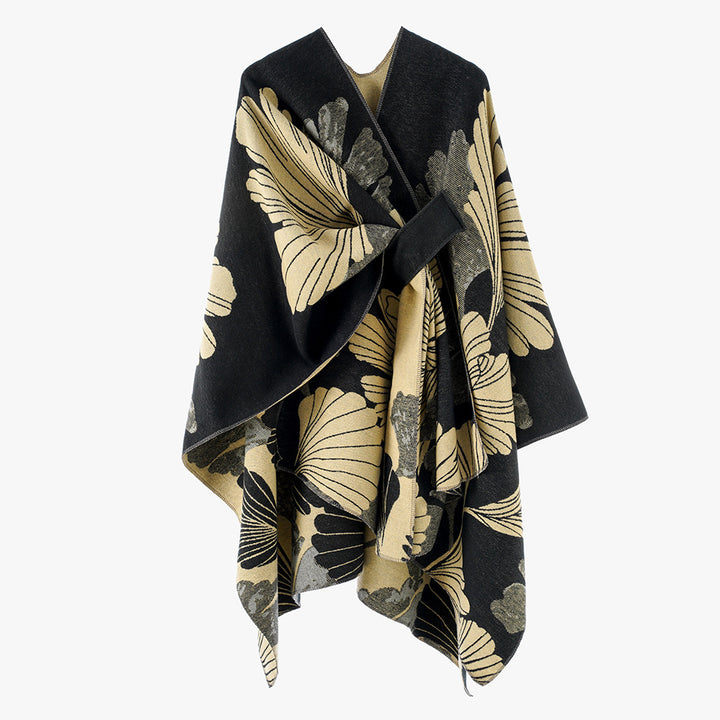 Damen Wickelponcho aus Jacquard mit floralem Muster und Taillengürtel – Avérine