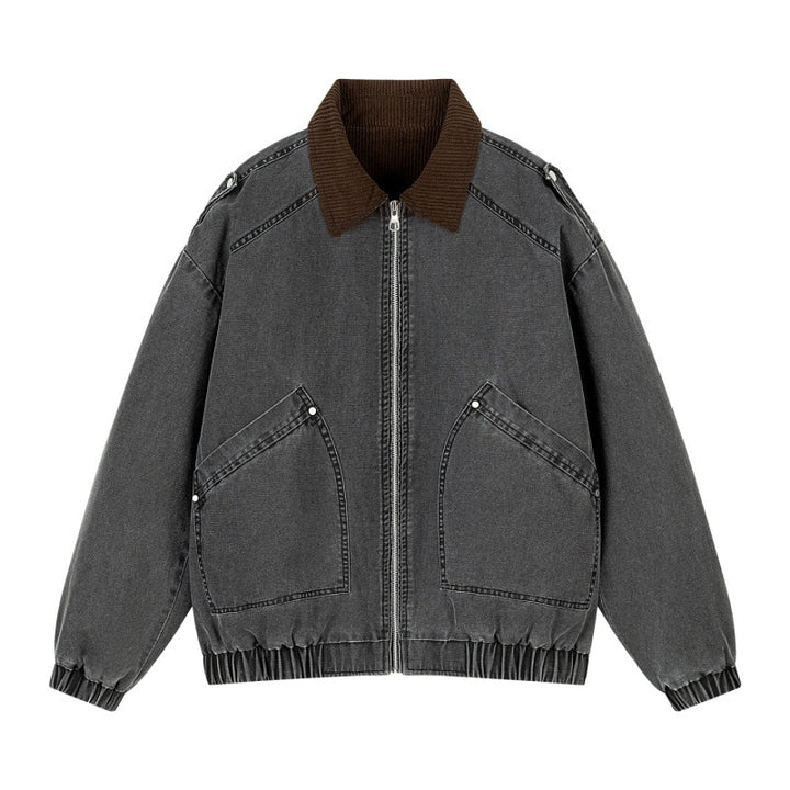 Herren Oversize Denim‑Bomberjacke mit Rippenkragen, elastischem Saum & schrägen Pattentaschen Echoarchiv