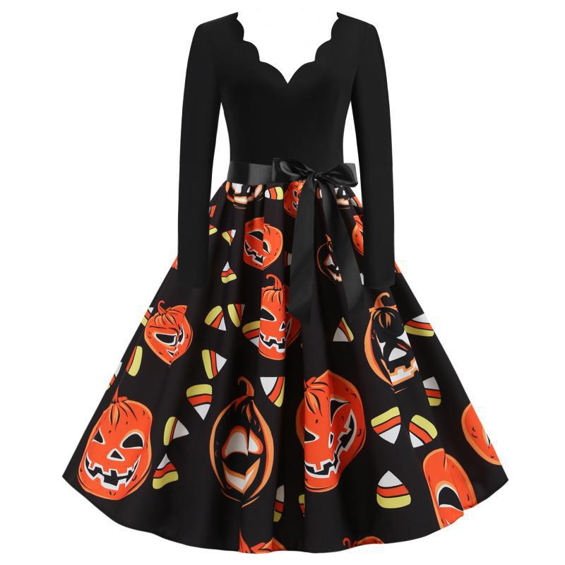 Damen Vintage A-Linien-Kleid mit gewelltem Ausschnitt, Taillenschärpe und Kürbis-Print – Élara