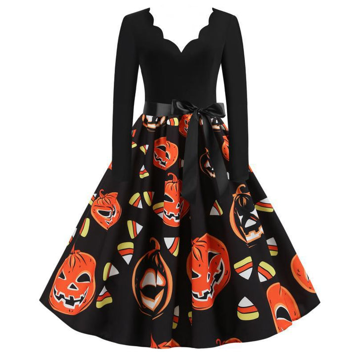 Damen Vintage A-Linien-Kleid mit gewelltem Ausschnitt, Taillenschärpe und Kürbis-Print – Élara