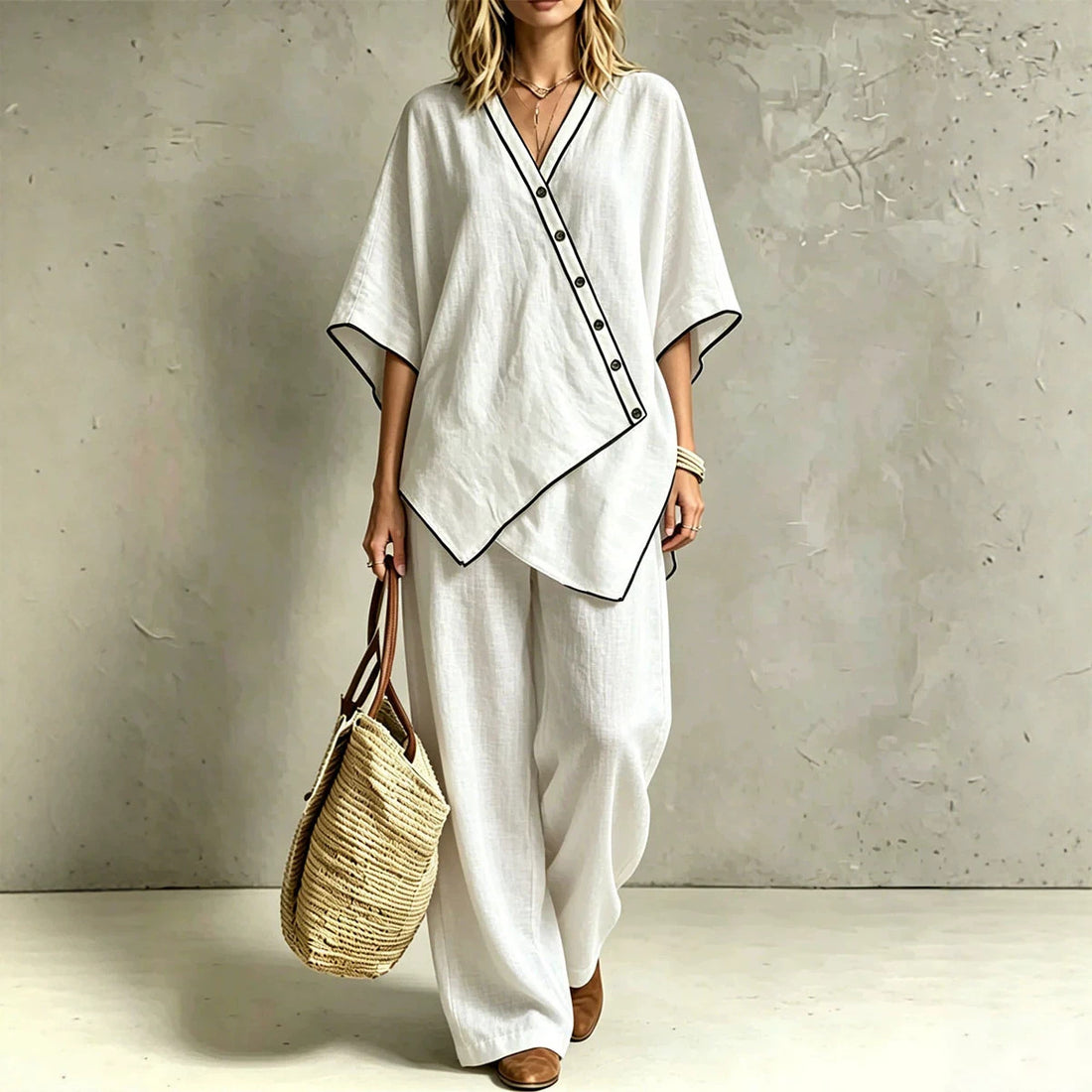 Damen Asymmetrisches Tunika-Loungewear-Set mit diagonaler Knopfleiste und weiter Palazzohose – Élanora
