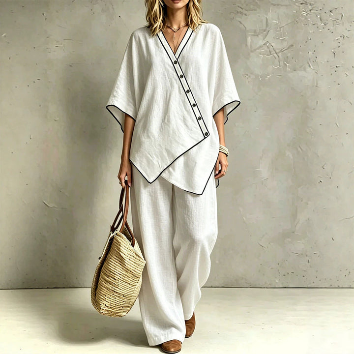 Damen Asymmetrisches Tunika-Loungewear-Set mit diagonaler Knopfleiste und weiter Palazzohose – Élanora