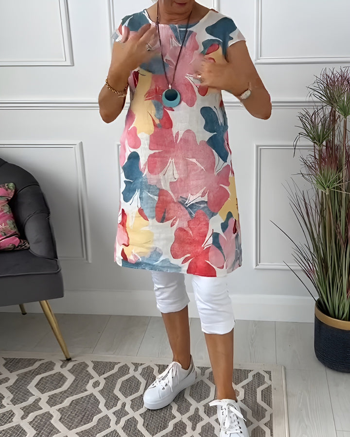 Damen nan luftiges Tunika-Midikleid aus Leinenmix mit Aquarellblütenprint und Seitentaschen Echo Archiv