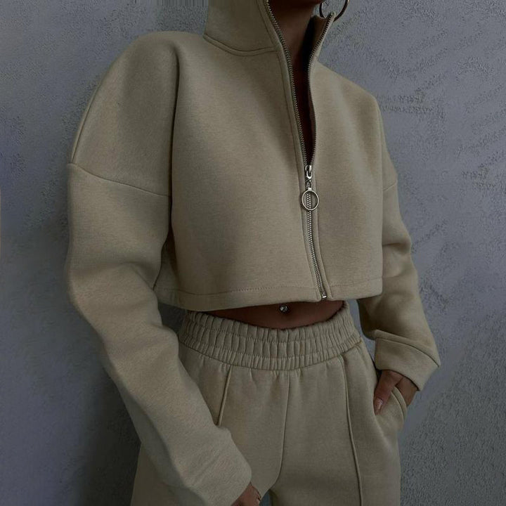 Damen nan kurzes Reißverschluss-Crop-Sweatshirt mit Stehkragen und hochtaillierter Jogginghose Set Echo Archiv