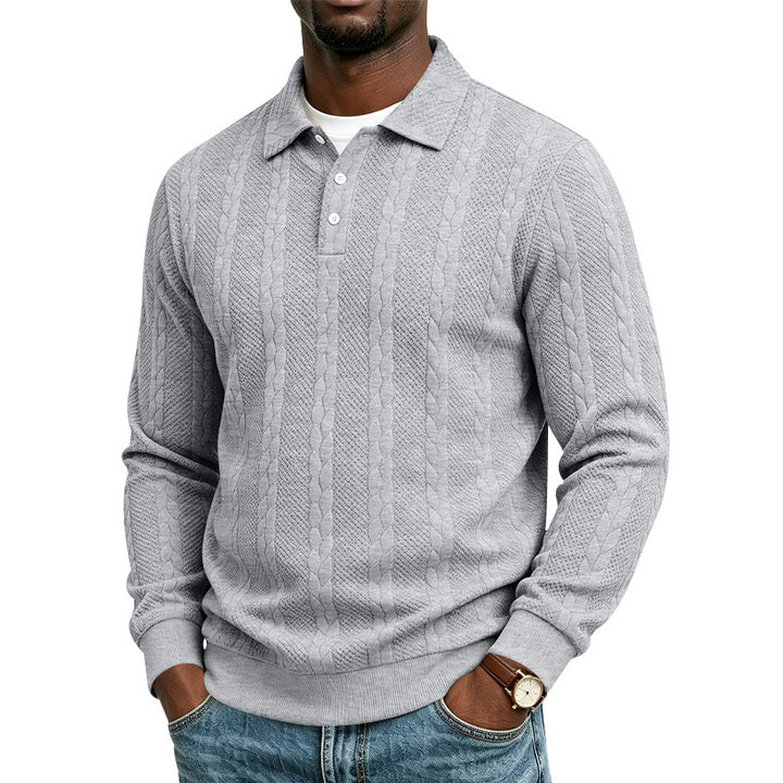 Herren Gestrickter Polokragenpullover mit Zopfmuster und feiner Knopfleiste Echoarchiv
