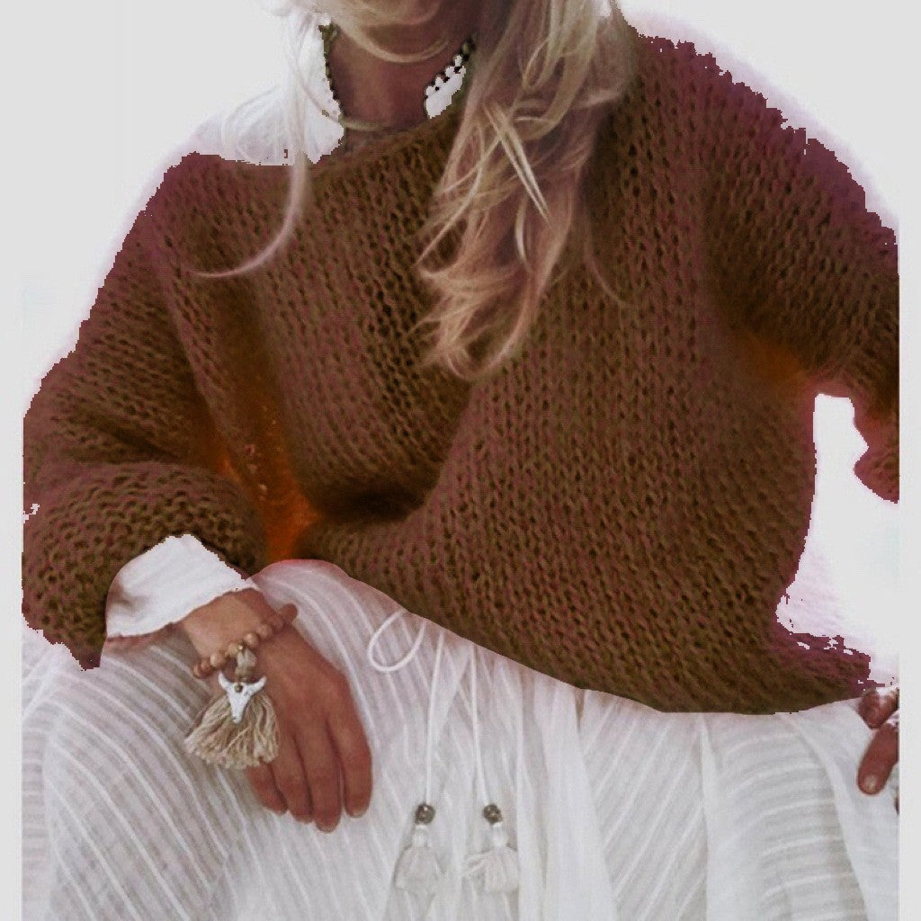 Damen Kurzgeschnitteter flauschiger Grobstrickpullover mit überschnittener Schulter – Mavelle