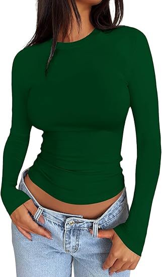 Damen Körpernahes Langarmshirt im Cropped-Look mit verlängerten Ärmeln und Daumenloch – Avérine