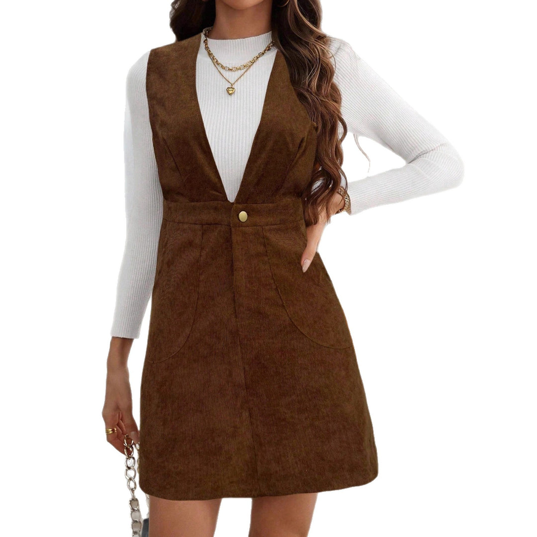 Damen Kord-Latzkleid mit tiefem V‑Ausschnitt, Taillenriegel und A‑Linie – Avérine