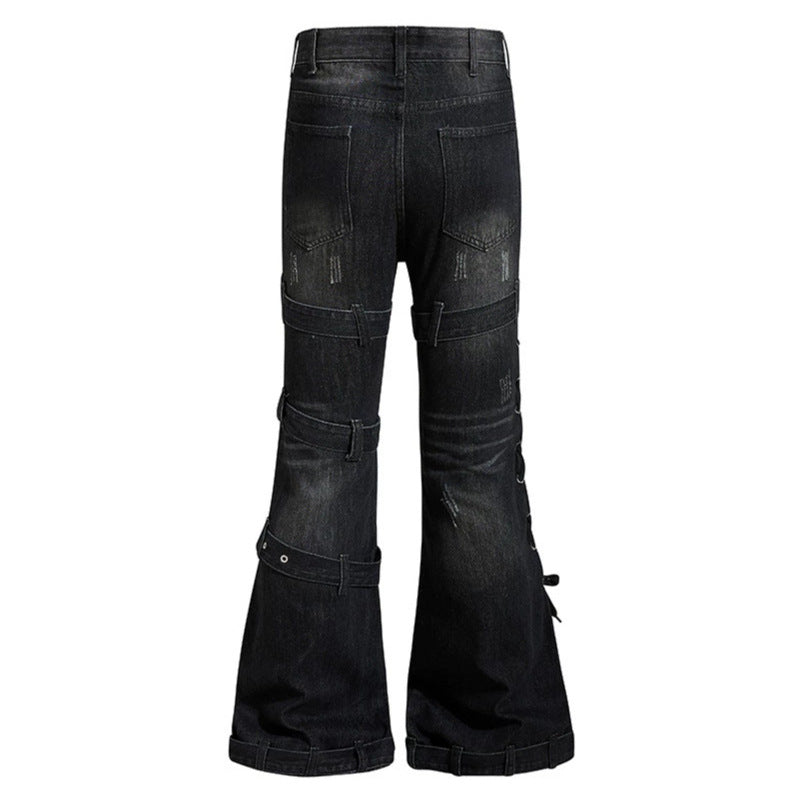 Damen Bondage-Flared-Jeans mit dekorativen Schnallen, Riemen und Used-Look Echoarchiv