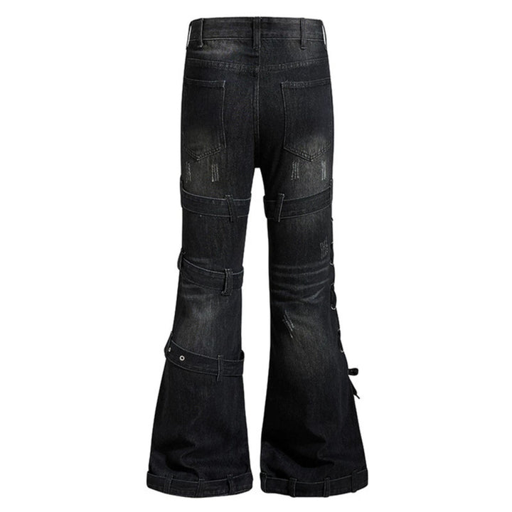 Damen Bondage-Flared-Jeans mit dekorativen Schnallen, Riemen und Used-Look Echoarchiv