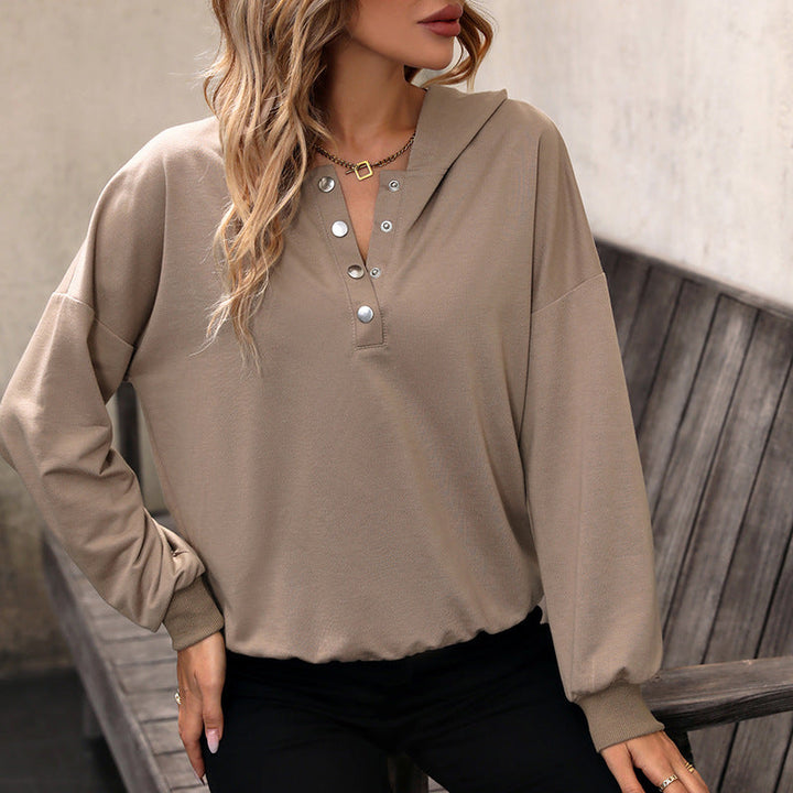Damen Kapuzen-Henley-Pullover mit Druckknopfleiste, überschnittener Schulter und geripptem Saum Echoarchiv