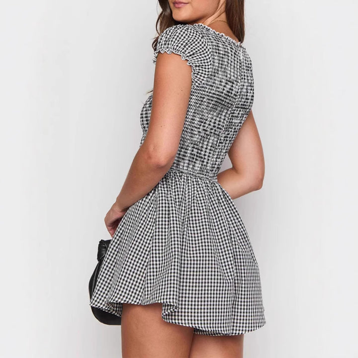 Damen Eingekräuseltes Kurzkleid mit V-Ausschnitt und Rüschendetails Echo Archiv