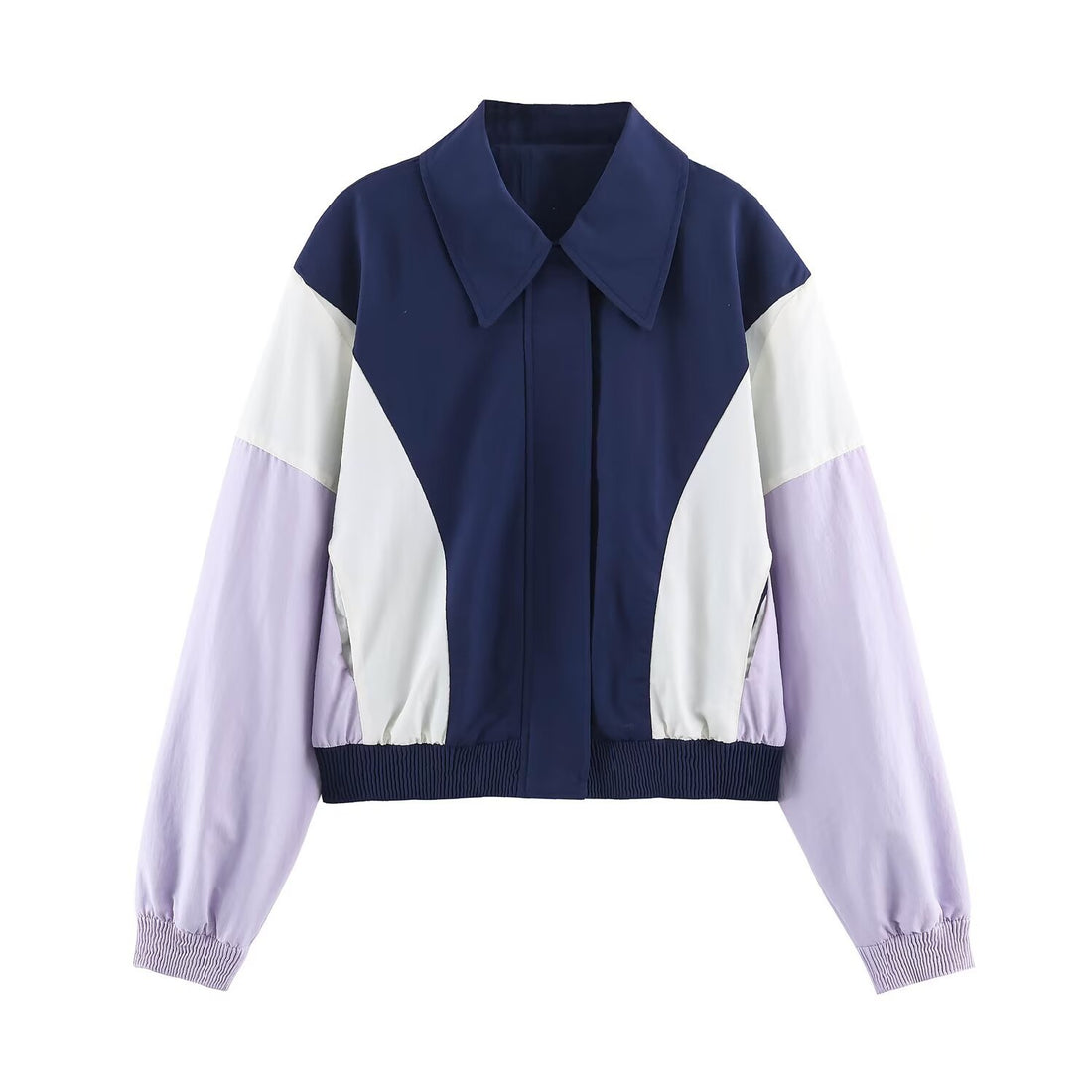 Damen Cropped Colorblock-Bomberjacke mit übergroßem Hemdkragen und elastischem Saum Echoarchiv