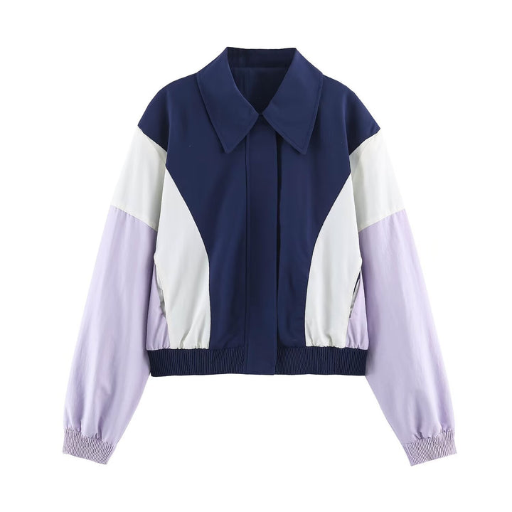 Damen Cropped Colorblock-Bomberjacke mit übergroßem Hemdkragen und elastischem Saum Echoarchiv