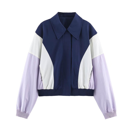 Damen Cropped Colorblock-Bomberjacke mit übergroßem Hemdkragen und elastischem Saum Echoarchiv
