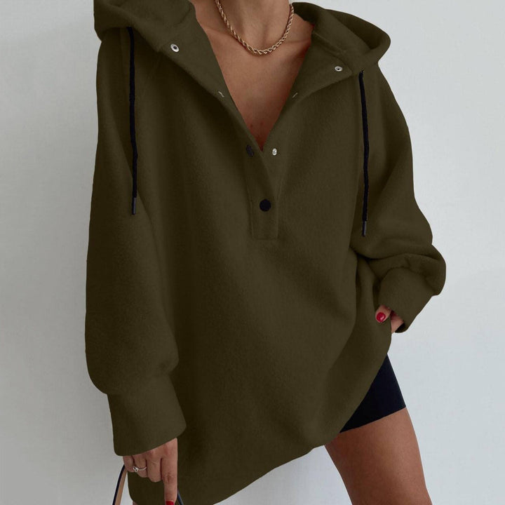 Damen nan kuscheliges Kapuzen-Fleece-Tunika-Sweatshirt mit Druckknopfleiste und überschnittener Schulter Echo Archiv