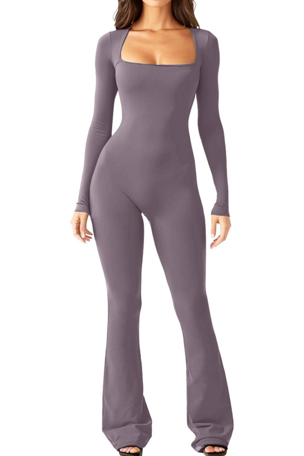 Damen nan figurbetonter Langarm-Jumpsuit mit quadratischem Ausschnitt und ausgestellter Schlaghose Echo Archiv