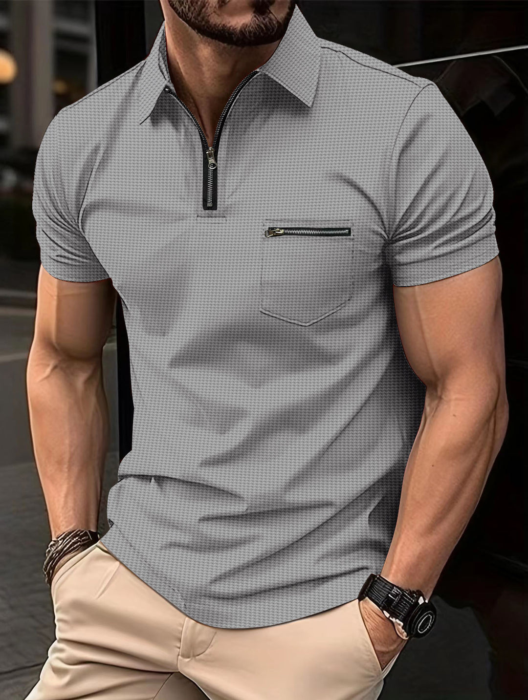 Herren Modern Kurzarm Reißverschluss Polo-Shirt Echoarchiv