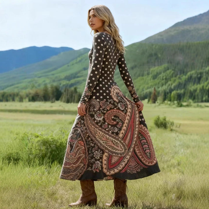 Damen Maxikleid mit Paisley‑ und Polka‑Dot‑Print, langärmeliges A‑Linien‑Jerseykleid – Valéora
