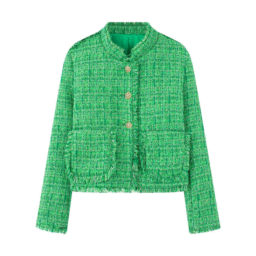 Damen kurze Bouclé-Tweedjacke mit goldenen Zierknöpfen, aufgesetzten Taschen und Fransenbesatz – Célinea