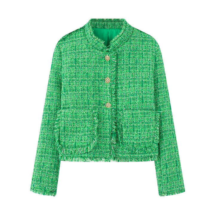 Damen kurze Bouclé-Tweedjacke mit goldenen Zierknöpfen, aufgesetzten Taschen und Fransenbesatz – Célinea